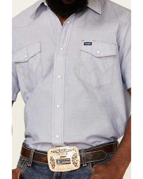 Wrangler Men's Chambray Rigid Cowboy Cut Short Sleeve Snap Work Shirt , Blue, hi-res