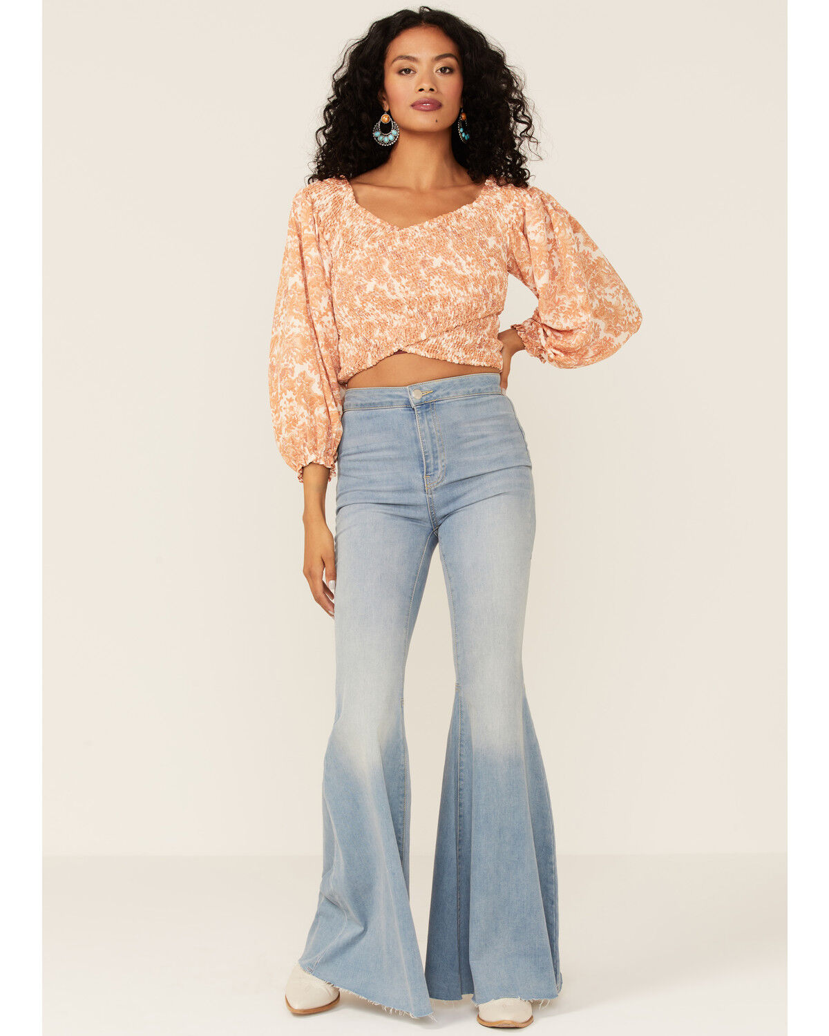 Image #2 - Flying Tomato Women's Criss Cross Smocked Long Sleeve Crop Top, Ivory, hi-res