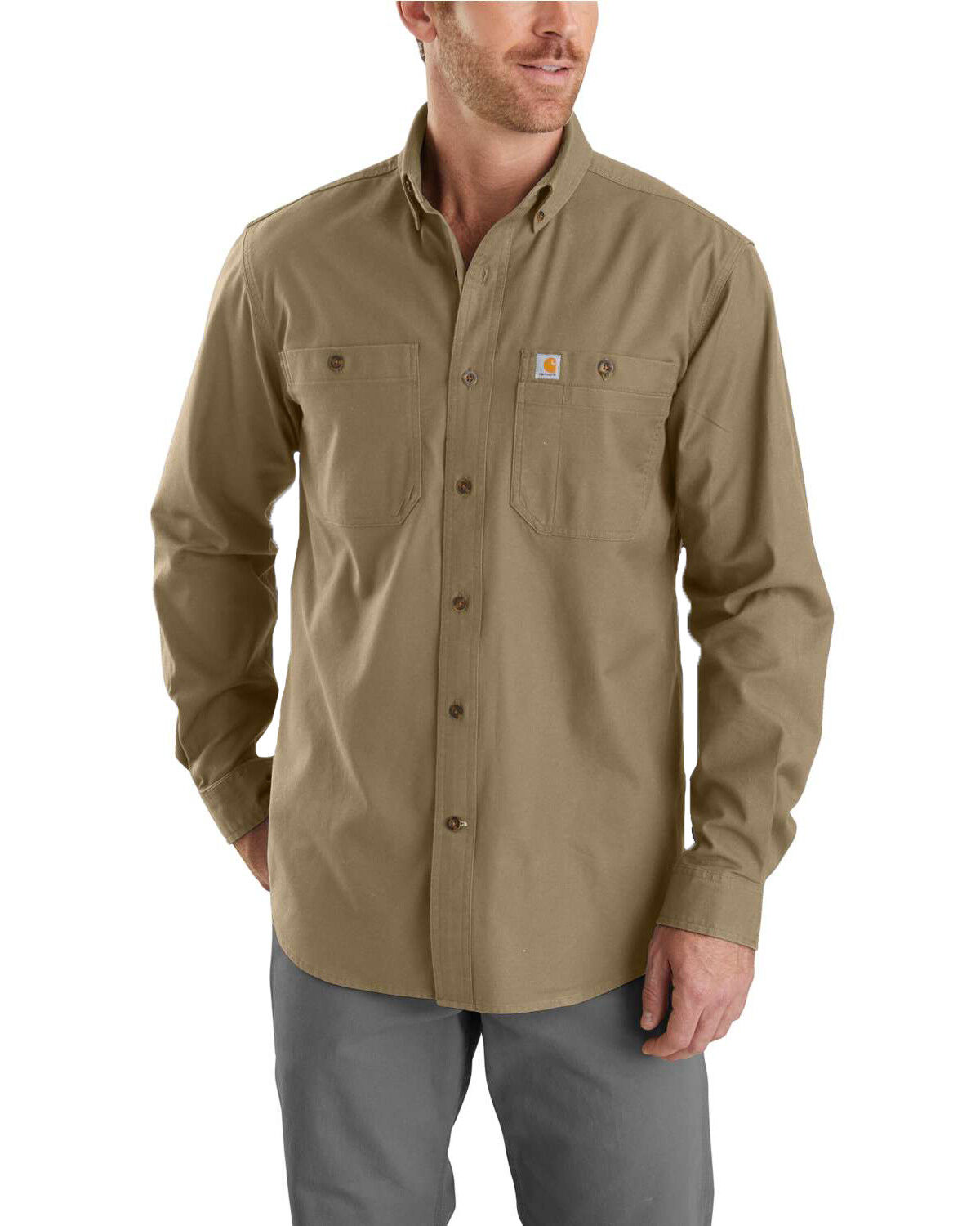 Image #1 - Carhartt Men's Rugged Flex® Rigby Long Sleeve Work Shirt - Big, Beige/khaki, hi-res