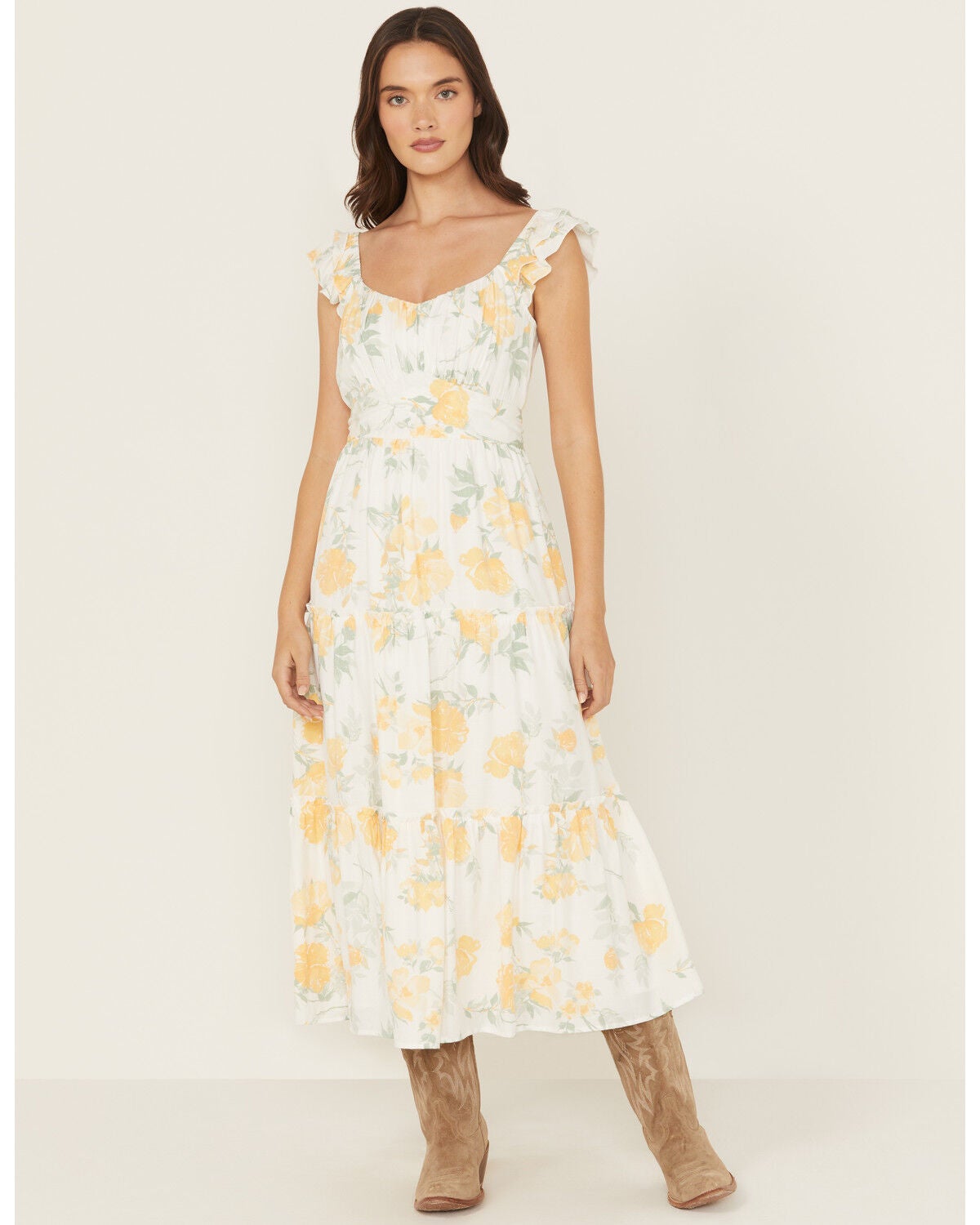 Ash & Violet Women's Floral Print Sleeveless Floral Print Midi Dress, Yellow, hi-res