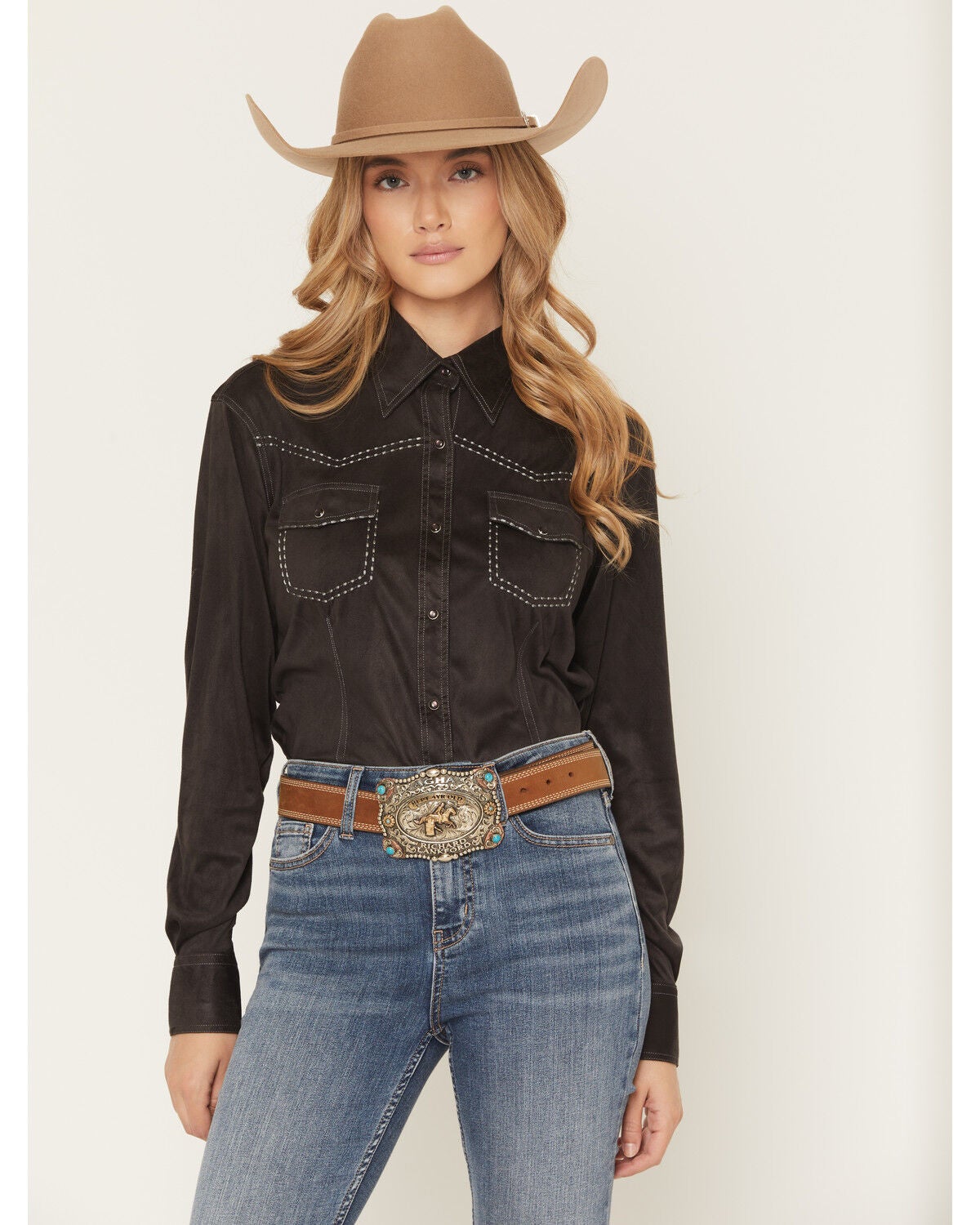 Cowgirl Hardware Girls' Faux Suede Long Sleeve Pearl Snap Stretch Western Shirt, Black, hi-res