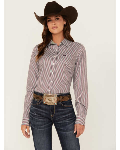 Cinch Women's Striped Long Sleeve Button Down Western Shirt, Purple, hi-res