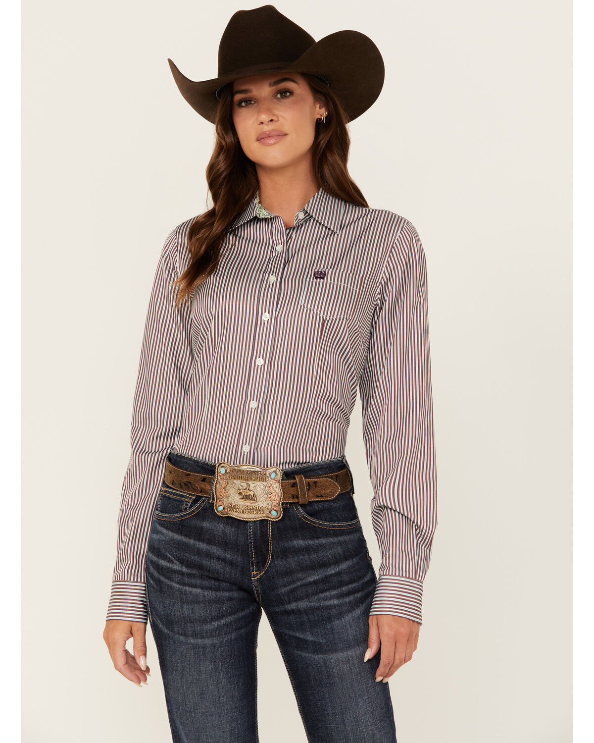 Image #1 - Cinch Women's Striped Long Sleeve Button Down Western Shirt, Purple, hi-res
