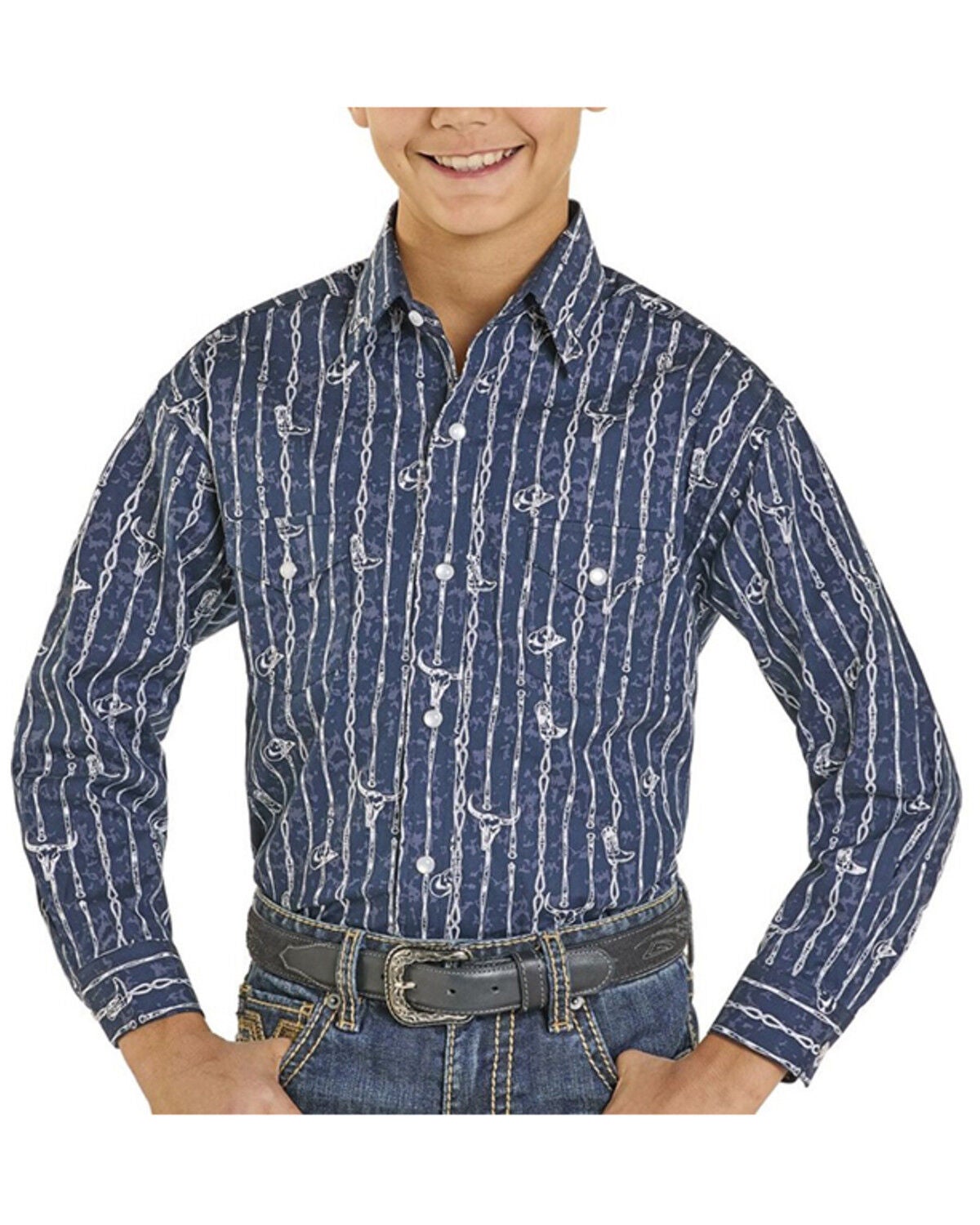Image #1 - Panhandle Slim Boys' Cow Skull Long Sleeve Snap Stretch Western Shirt, Blue, hi-res