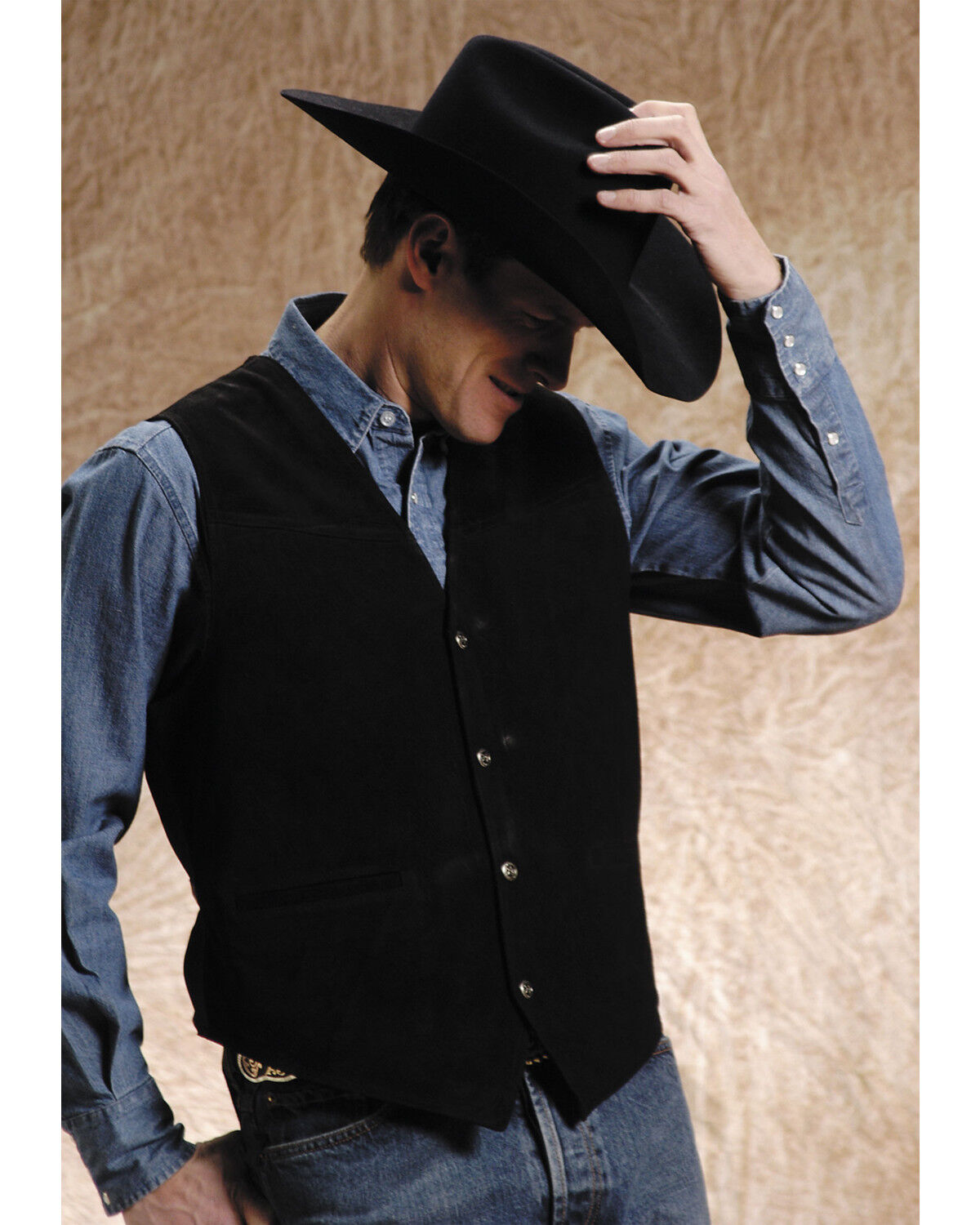 Image #1 - Roper Men's Suede Buckle Tie Vest, Black, hi-res
