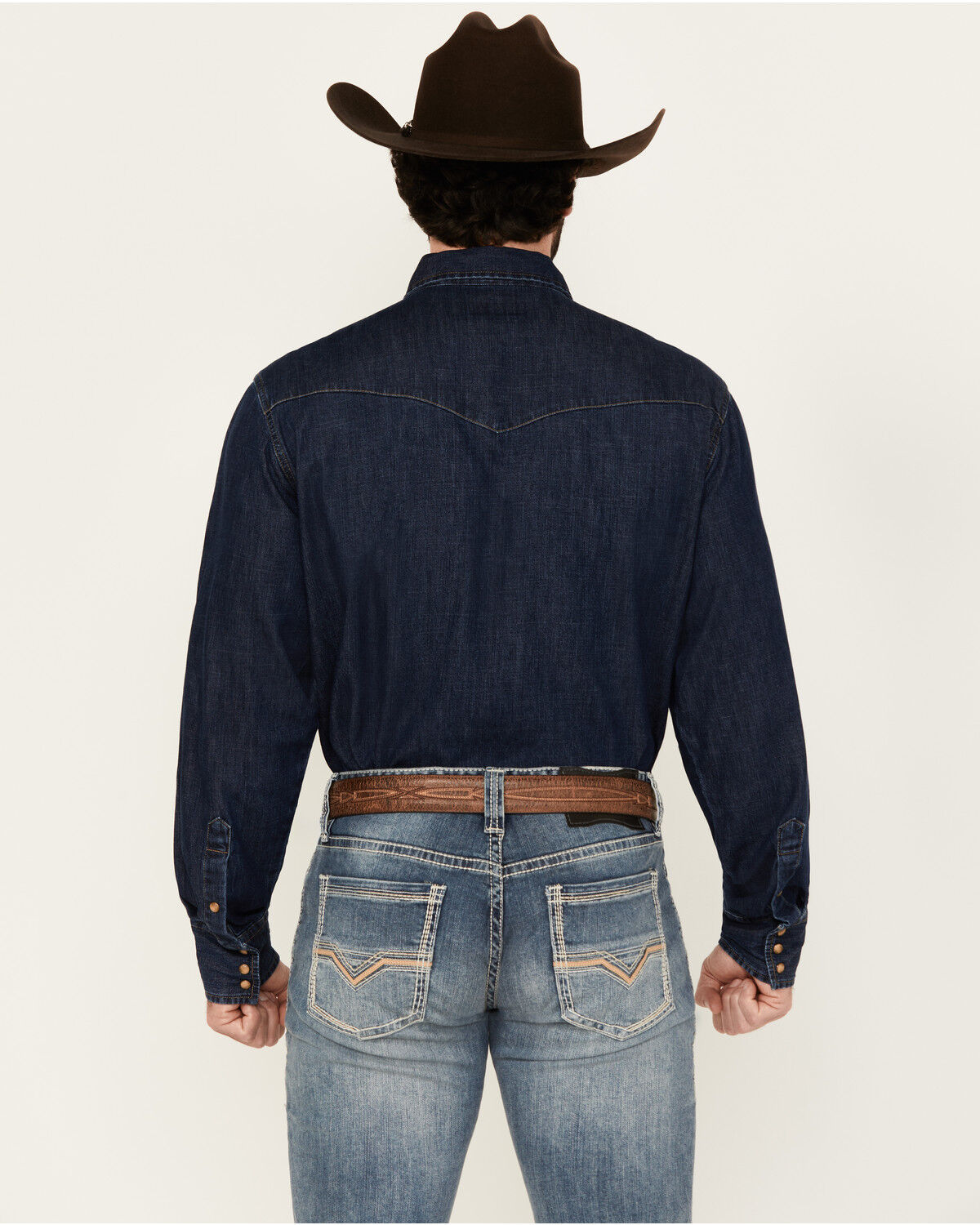 Image #4 - Wrangler Men's Medium Wash Denim Long Sleeve Snap Western Shirt, Medium Wash, hi-res
