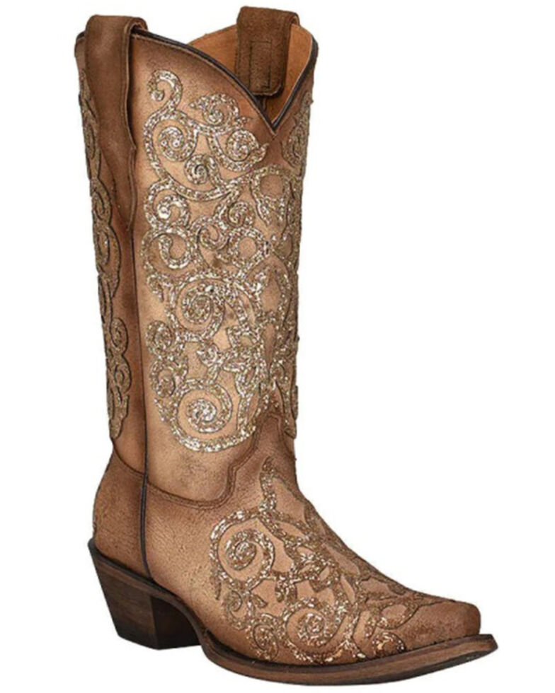 Corral Girls' Tan Glitter Embroidery Leather Western Boot - Snip Toe, Tan, hi-res