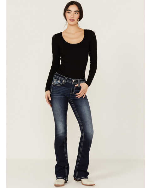 Image #3 - Miss Me Women's Dark Wash Geo Print Faux Flap Pocket Mid Rise Bootcut Denim Stretch Jeans, Dark Wash, hi-res