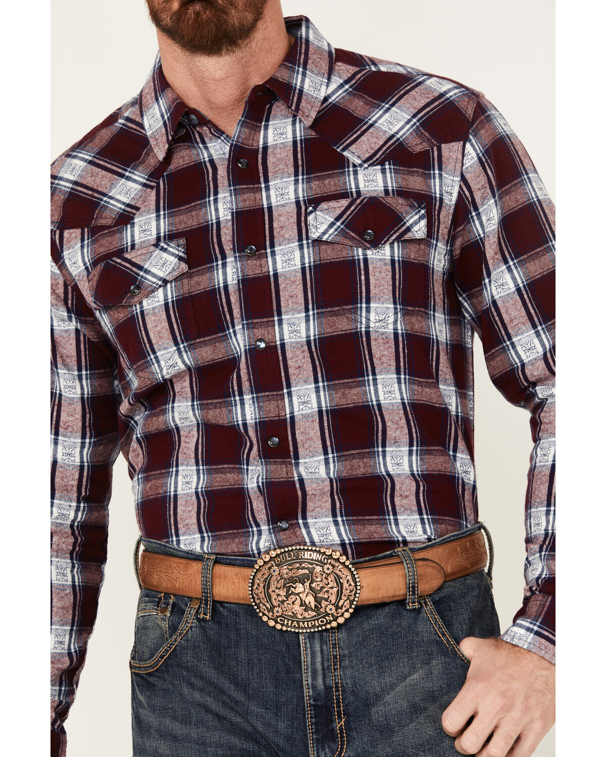 Image #3 - Cody James Men's Peace Treaty Plaid Print Long Sleeve Snap Flannel Shirt - Big, Burgundy, hi-res