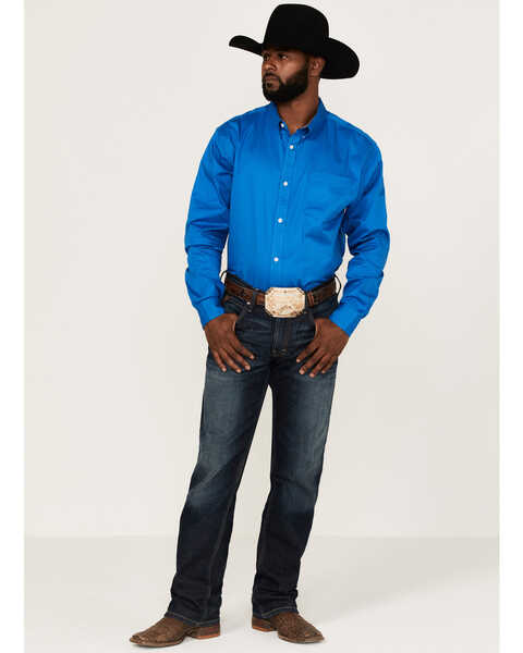 RANK 45 Men's Solid Basic Twill Logo Long Sleeve Button Down Western Shirt , Royal Blue, hi-res