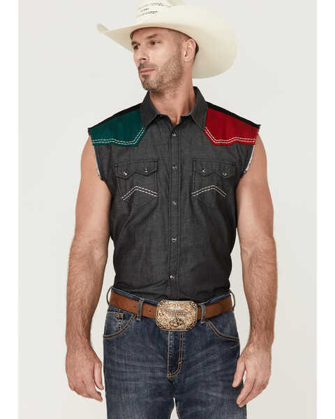 Image #1 - Cody James Men's Mexico Flag Eagle Bubba Sleeveless Snap Western Shirt , Charcoal, hi-res