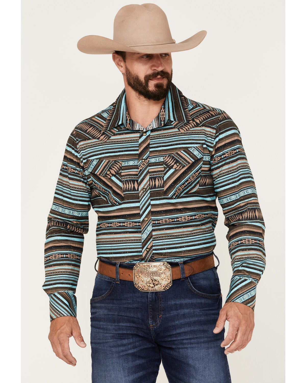 Rock & Roll Denim Men's Southwestern Stretch Long Sleeve Snap Shirt, Teal, hi-res