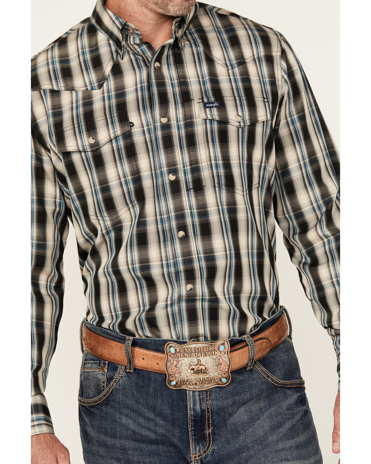 Image #3 - Wrangler Men's Plaid Print Long Sleeve Snap Performance Western Shirt, Black, hi-res