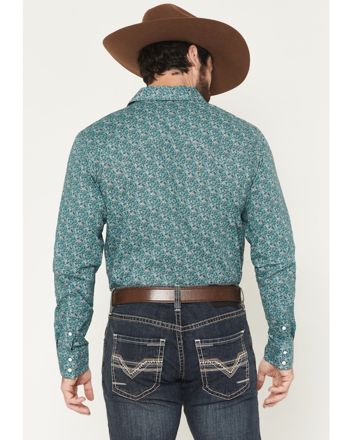 Image #4 - Rock & Roll Denim Men's Floral Print Long Sleeve Snap Stretch Western Shirt, Turquoise, hi-res