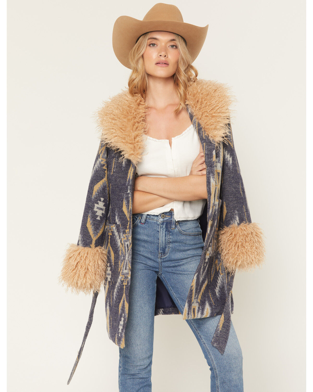 Image #1 - Idyllwind Women's Maxey Fur Trim Long Jacket, Indigo, hi-res