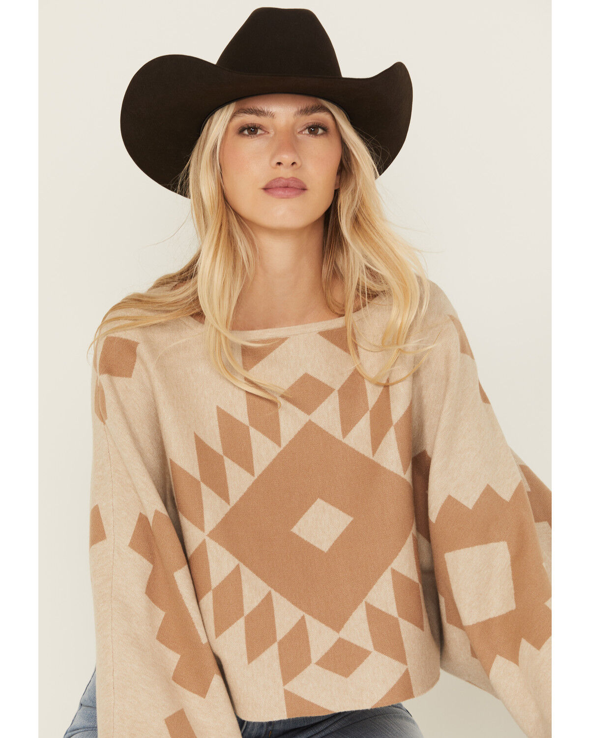 Image #3 - Ariat Women's Southwestern Print Sweater Poncho, Oatmeal, hi-res