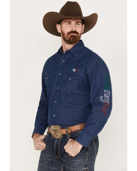 Wrangler Men's Mexico Flag Embroidered Logo Long Sleeve Western Snap Shirt, Indigo, hi-res
