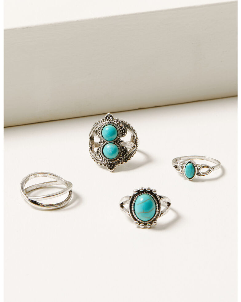 Shyanne Women's 4-piece Silver & Turquoise Statement Ring Set, Silver, hi-res