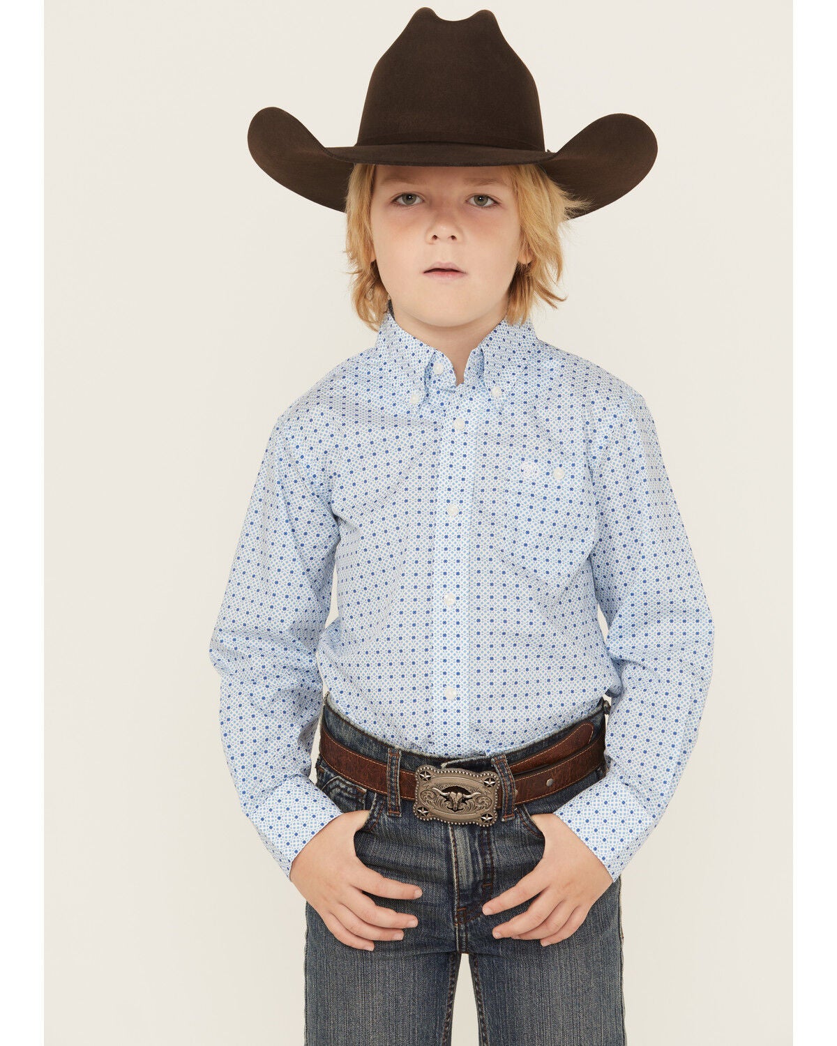 Wrangler Boys' Dotted Long Sleeve Button-Down Stretch Western Shirt, Blue, hi-res