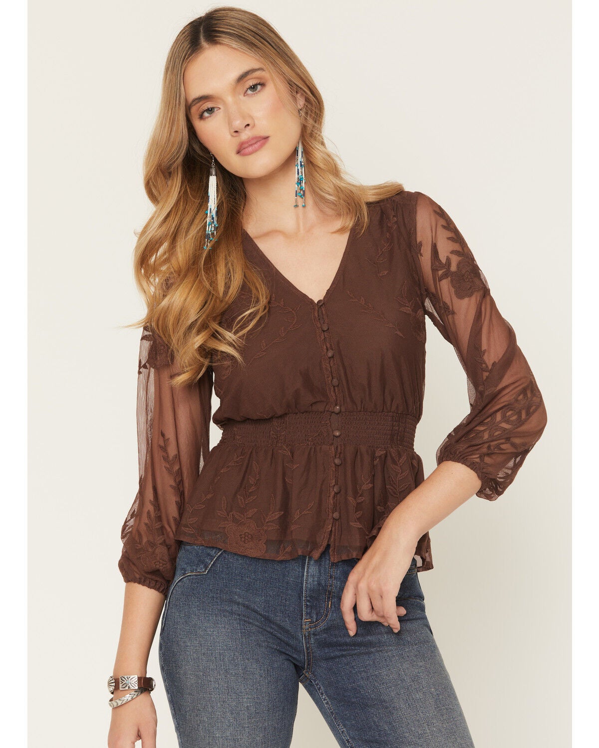 Shyanne Women's Embroidered Mesh Long Sleeve Button-Down Shirt, Brown, hi-res