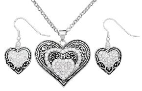 Montana Silversmiths Cubic Zirconia Heart in Heart Necklace & Earrings Set, Silver, hi-res