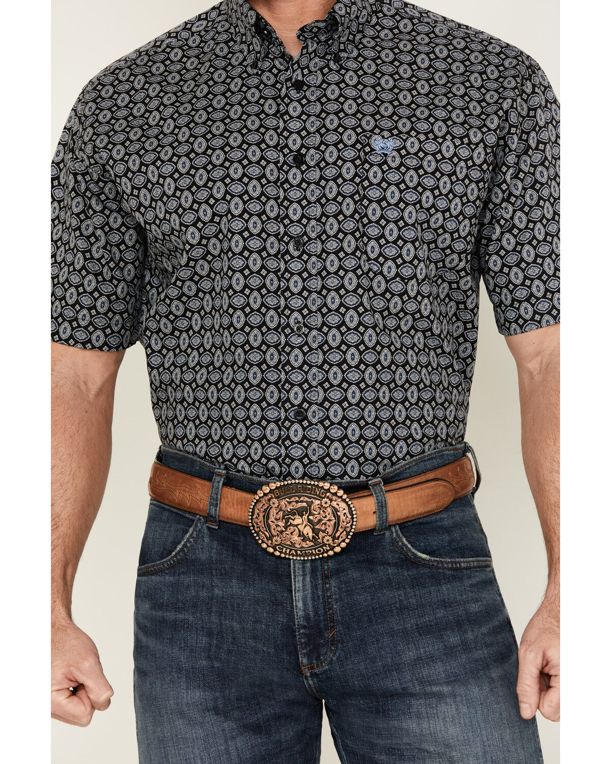 Image #3 - Cinch Men's Medallion Print Short Sleeve Button-Down Western Shirt, Black, hi-res