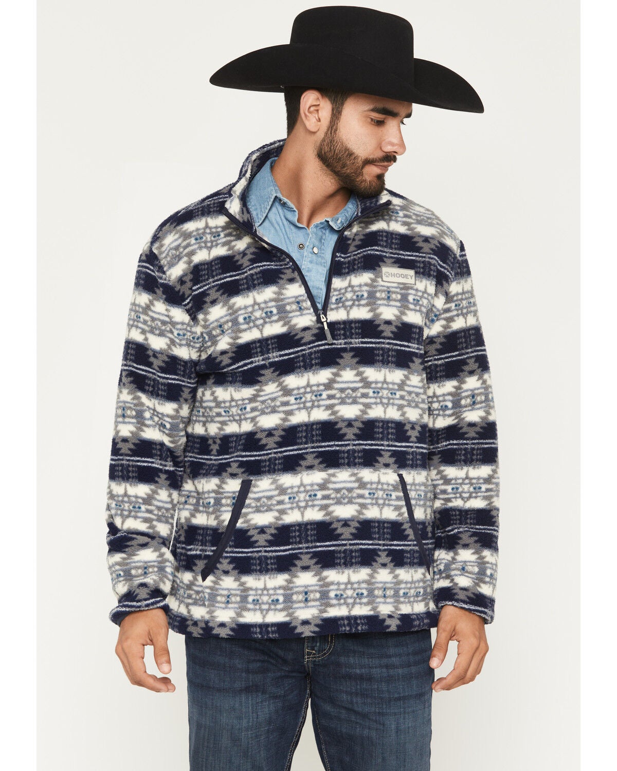 Hooey Men's Bear Southwestern Print Fleece 1/4 Zip Pullover, Navy, hi-res