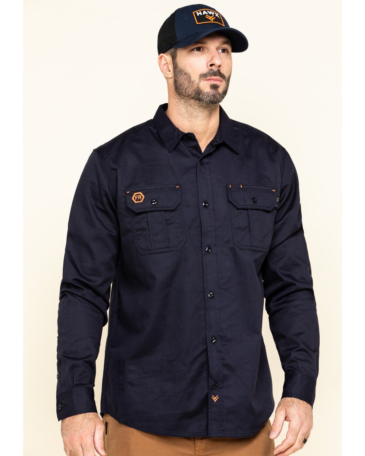 Hawx Men's FR Long Sleeve Button-Down Work Shirt, Navy, hi-res