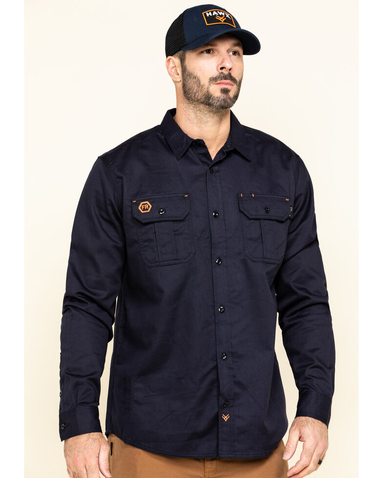 Hawx Men's Navy FR Long Sleeve Button-Down Work Shirt, Navy, hi-res