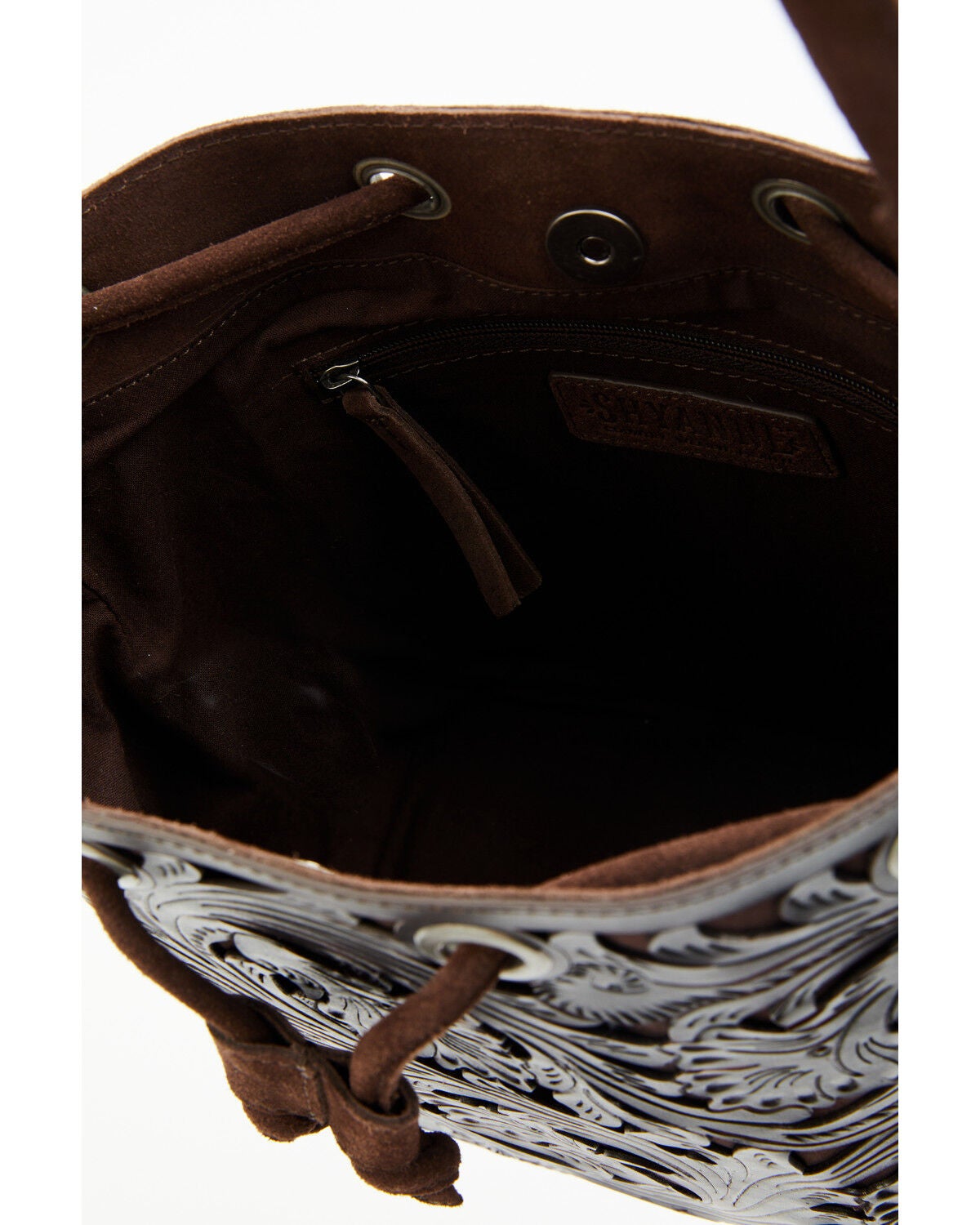 Image #5 - Shyanne Women's Palmer Tooled Leather Crossbody Bucket Bag, Brown, hi-res