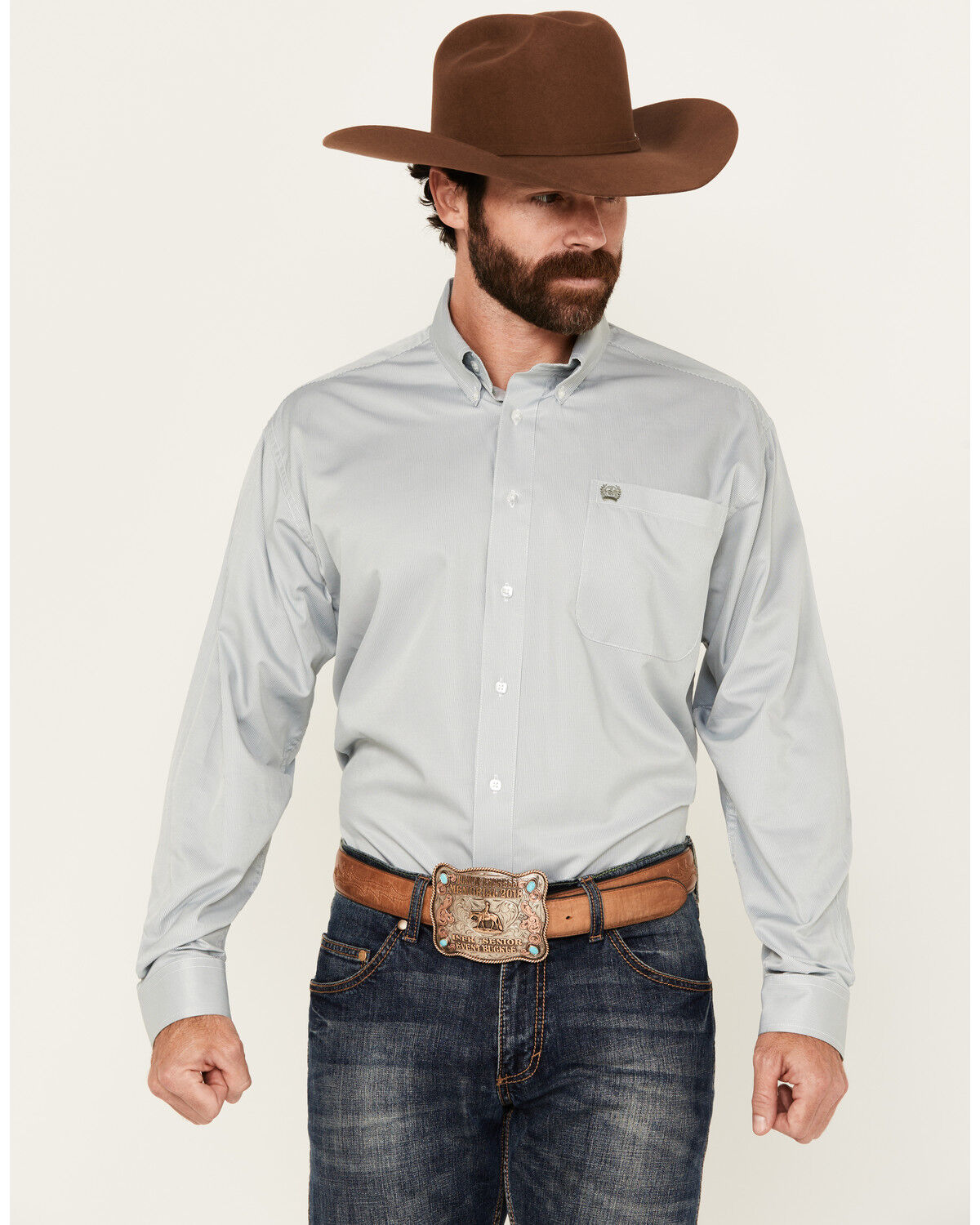 Image #1 - Cinch Men's Micro Striped Long Sleeve Button-Down Western Shirt, Teal, hi-res