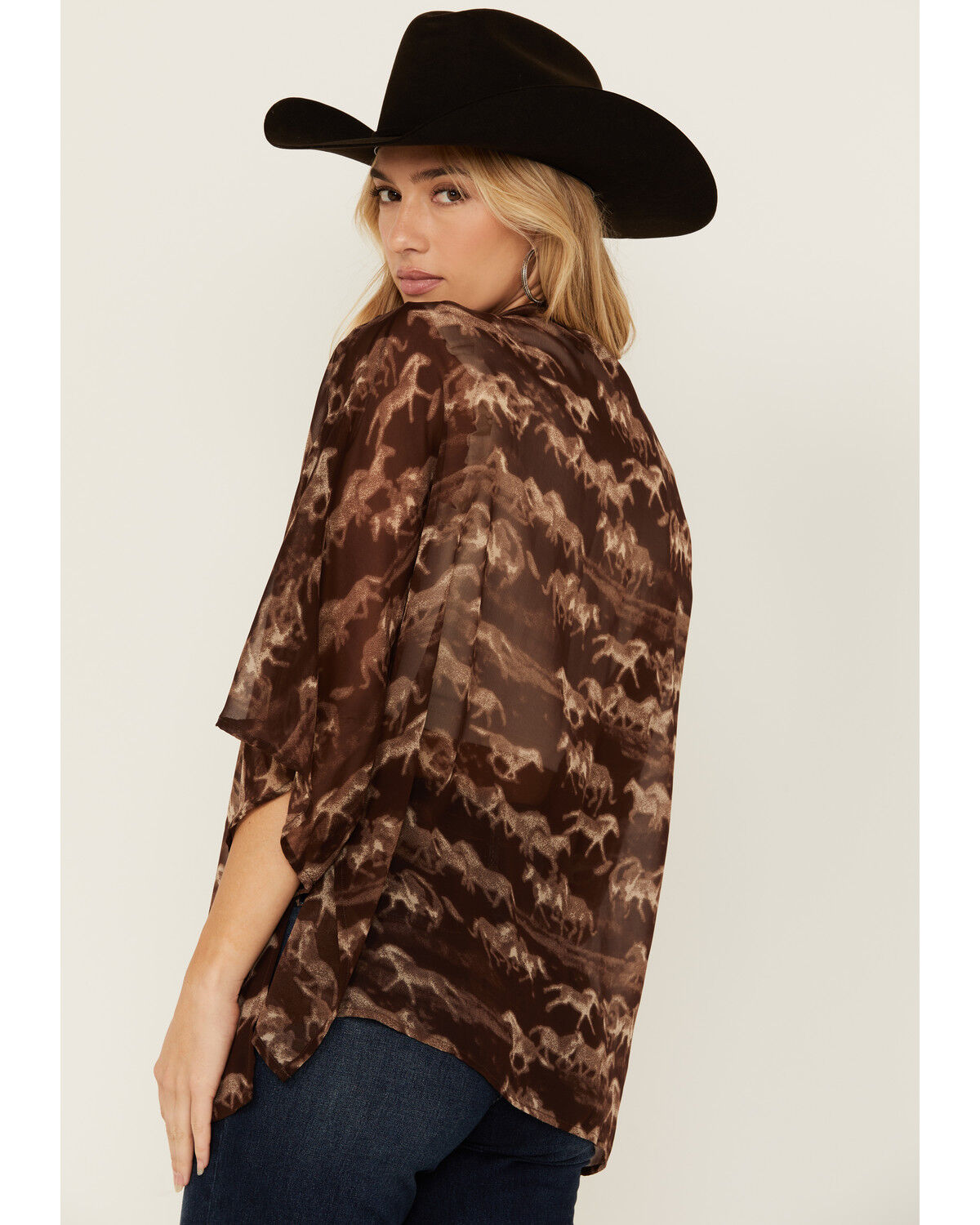 Image #4 - Shyanne Women's Horse Print Chiffon Short Kimono, Dark Brown, hi-res