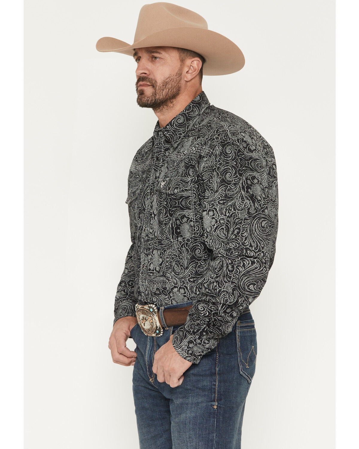 Image #2 - Cowboy Hardware Men's Tooled Floral Print Long Sleeve Snap Stretch Western Shirt, Charcoal, hi-res