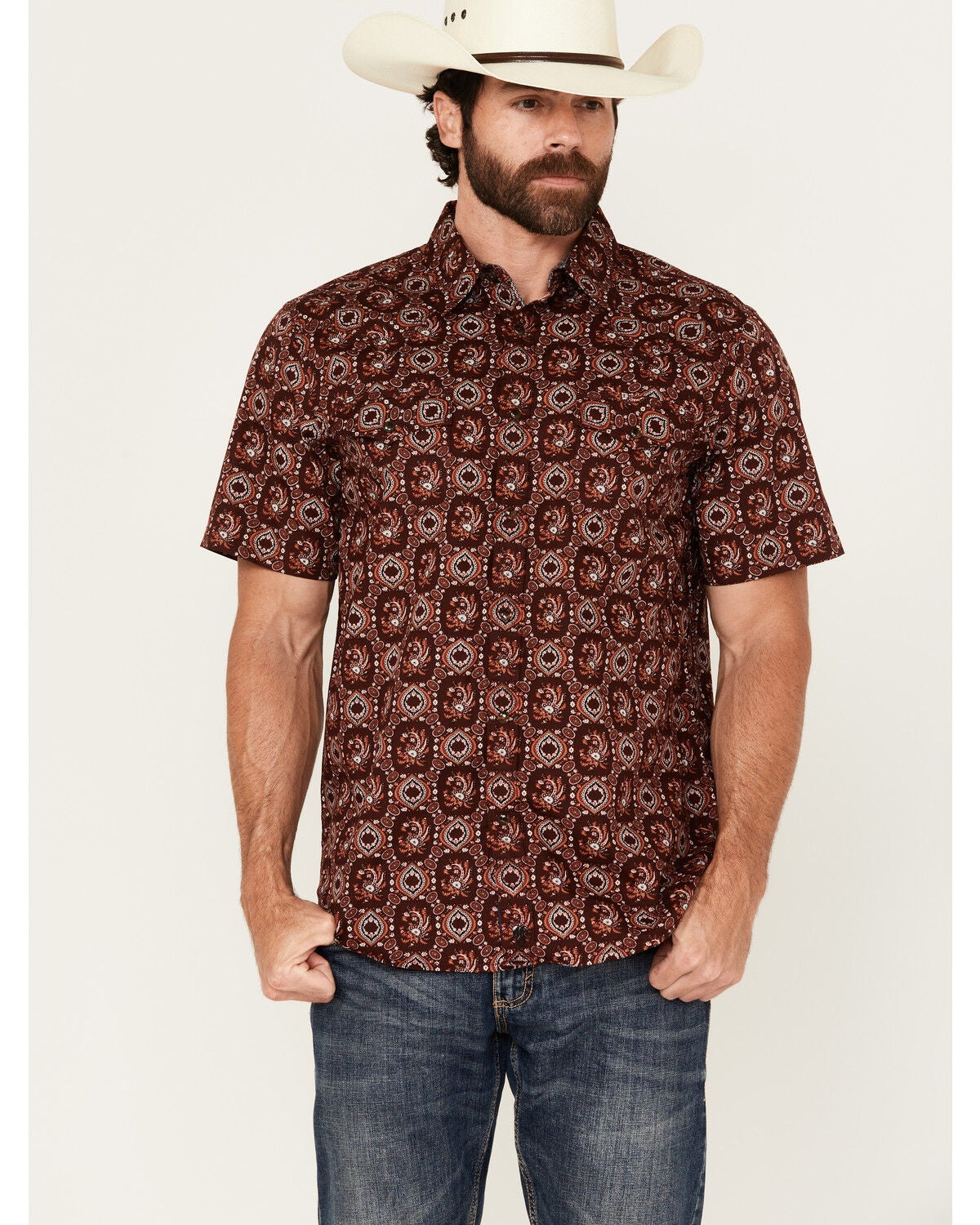 Moonshine Spirit&reg; Men's Gig Medallion Print Short Sleeve Snap Western Shirt, Burgundy, hi-res