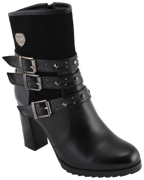 Milwaukee Leather Women's Block Heel Triple Strap Riding Boots - Round Toe, Black, hi-res