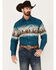 Panhandle Men's Southwestern Mountain Border Print Long Sleeve Pearl Snap Western Shirt, Blue, hi-res
