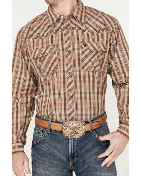 Image #4 - Cowboy Hardware Men's Arroyo Plaid Print Long Sleeve Snap Western Shirt, Brown, hi-res