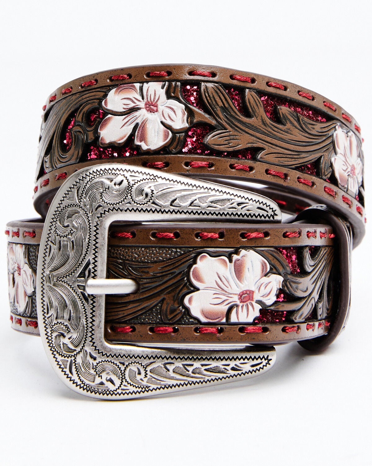 Shyanne Girls' Tooled Floral Glitter Underlay Belt, Brown, hi-res