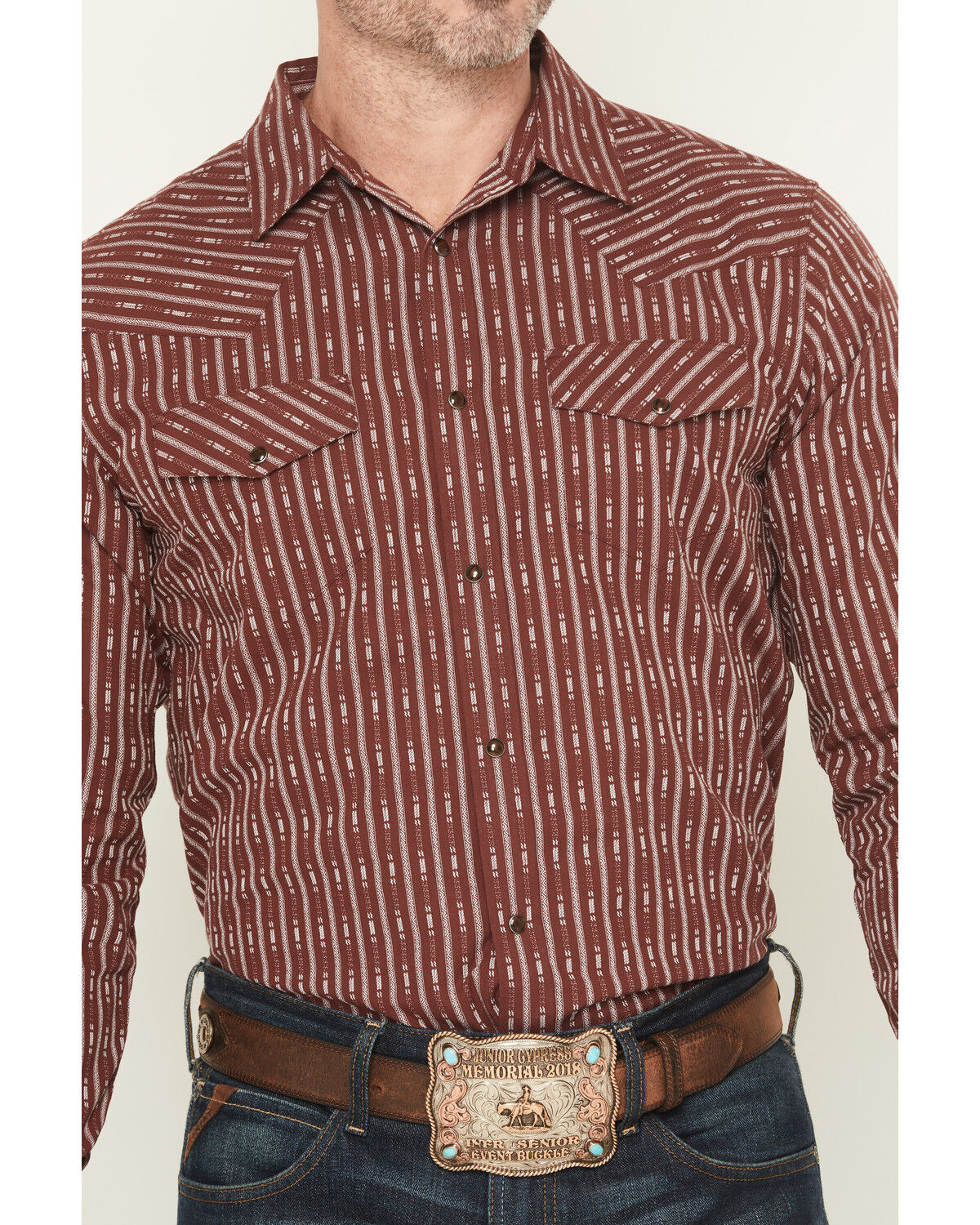 Image #3 - Gibson Trading Co Men's Buckshot Striped Print Long Sleeve Snap Stretch Western Shirt, Burgundy, hi-res