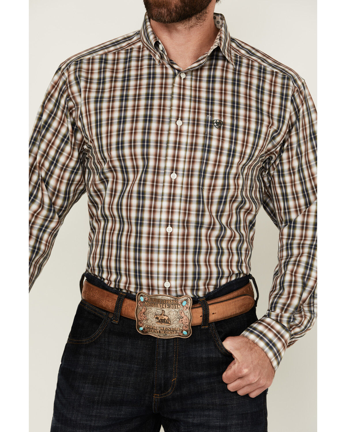 Image #3 - Ariat Men's Wrinkle Free Folk Plaid Print Long Sleeve Button-Down Western Shirt - Tall, Brown, hi-res