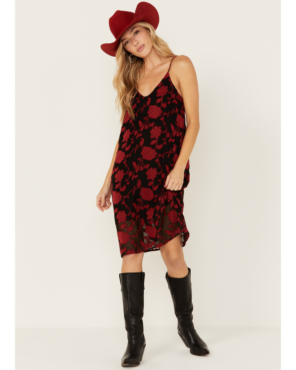 Image #1 - Wild Moss Women's Jacquard Cami Midi Dress, Red, hi-res