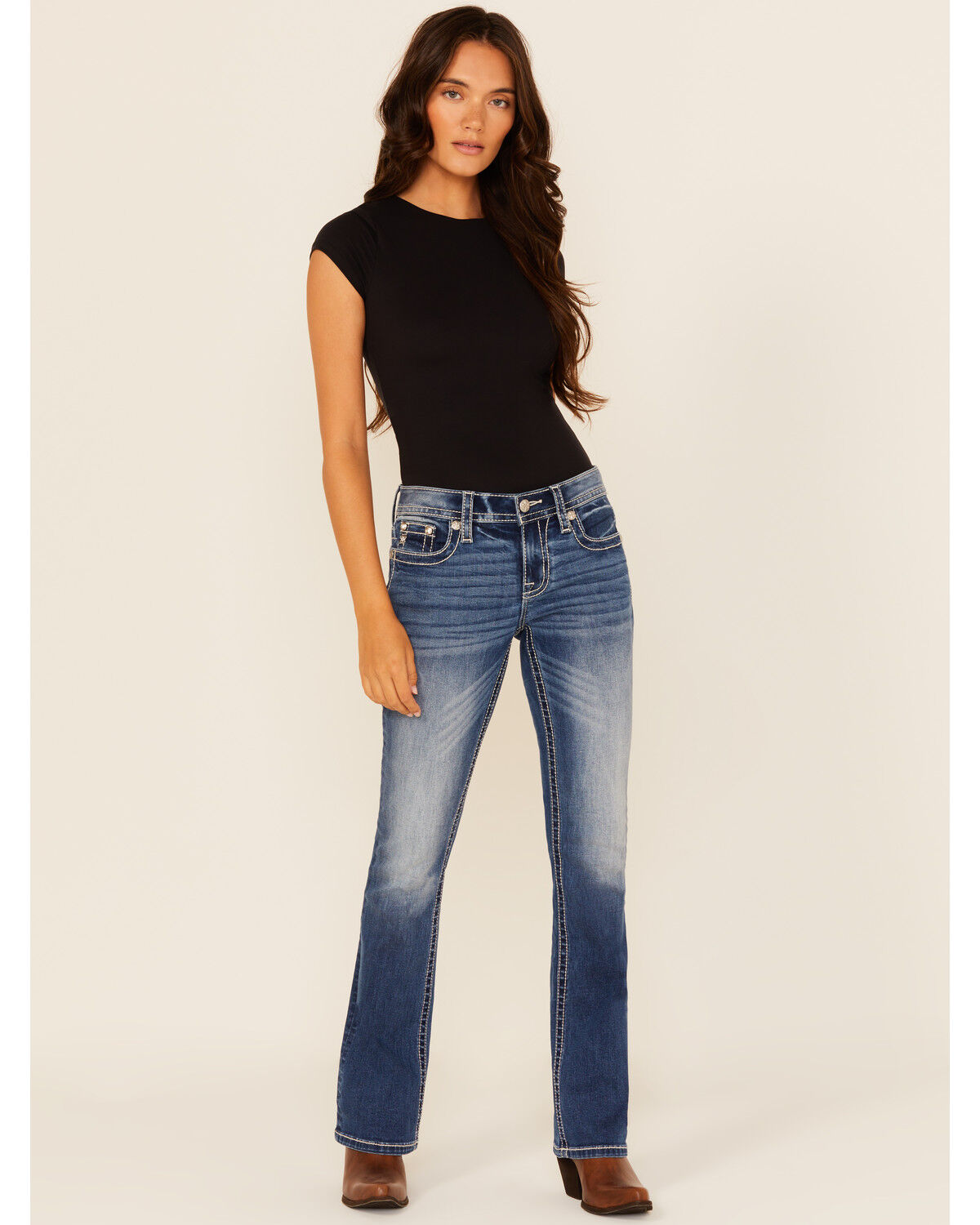 Image #3 - Miss Me Women's Medium Wash Mid Rise Fleur de Lis Pocket Bootcut Stretch Denim Jeans, Medium Wash, hi-res