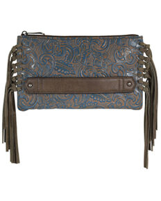 Justin Women's Brown Washed Tooled Turquoise Fringe Clutch Purse, Black, hi-res
