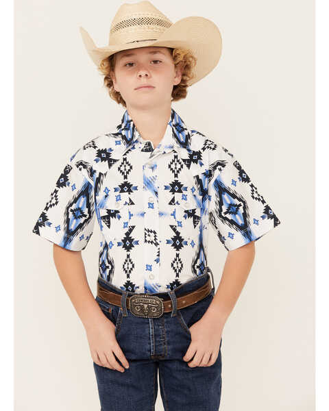 Rock & Roll Denim Boys' Southwestern Print Short Sleeve Pearl Snap Stretch Western Shirt, White, hi-res
