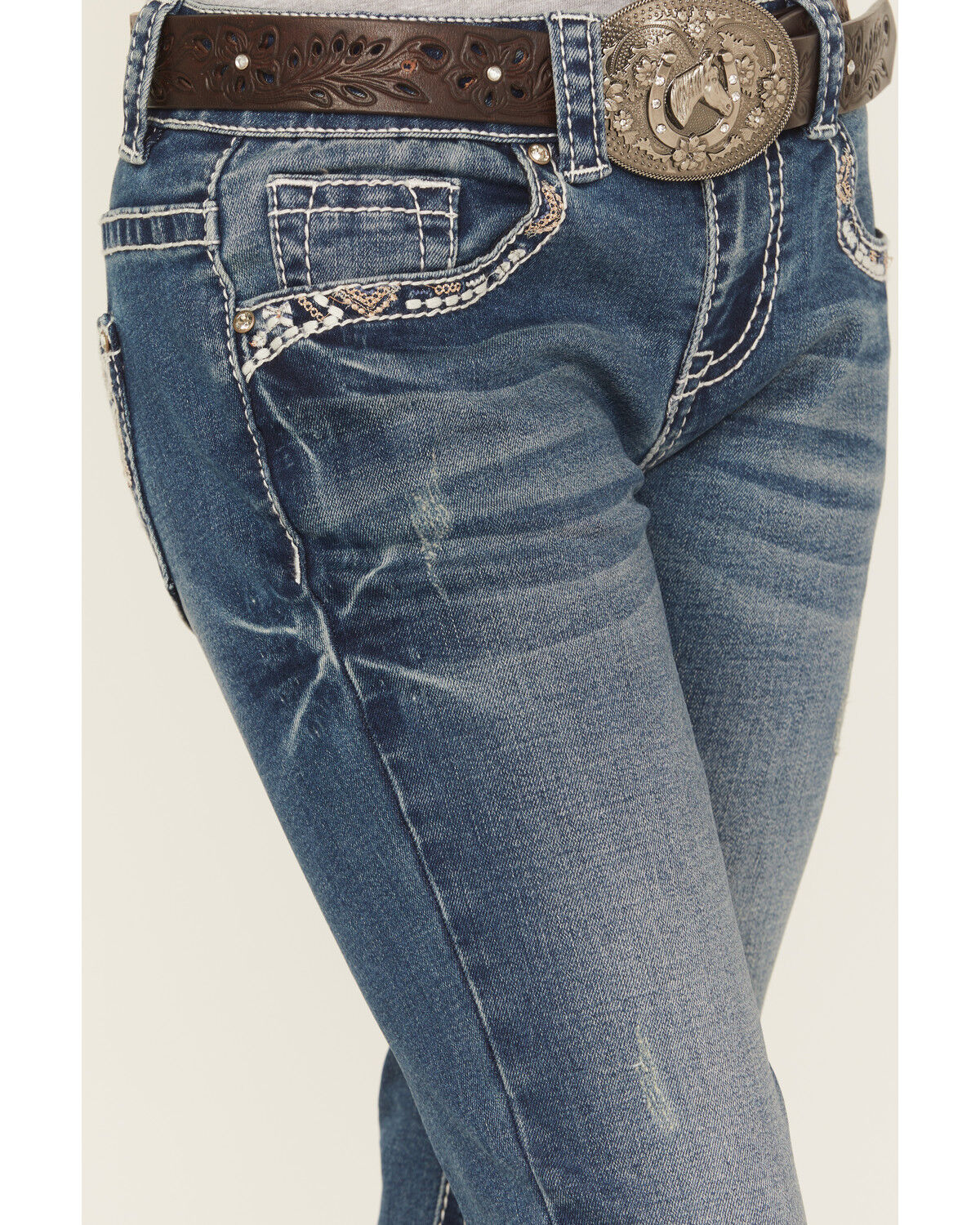 Image #4 - Shyanne Girls' Medium Wash Southwestern Pocket Bootcut Stretch Denim Jeans, Medium Wash, hi-res