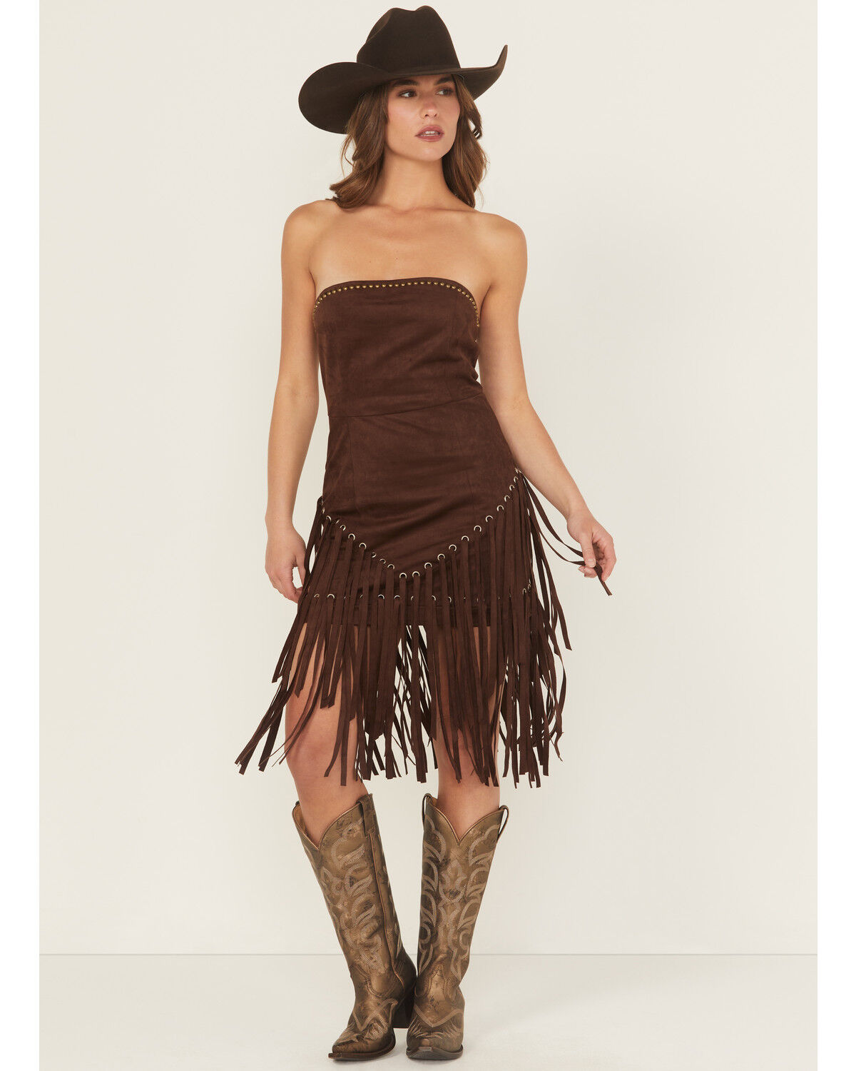Image #1 - Blue B Women's Fringe Faux Suede Strapless Mini Dress, Dark Brown, hi-res