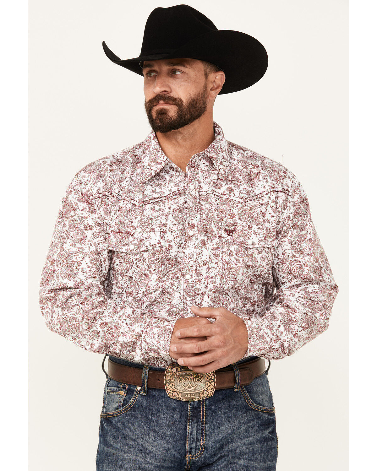 Image #1 - Cowboy Hardware Men's Floral Paisley Print Long Sleeve Snap Western Shirt, White, hi-res