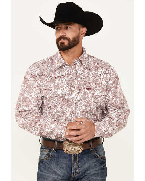 Cowboy Hardware Men's Floral Paisley Print Long Sleeve Snap Western Shirt, White, hi-res