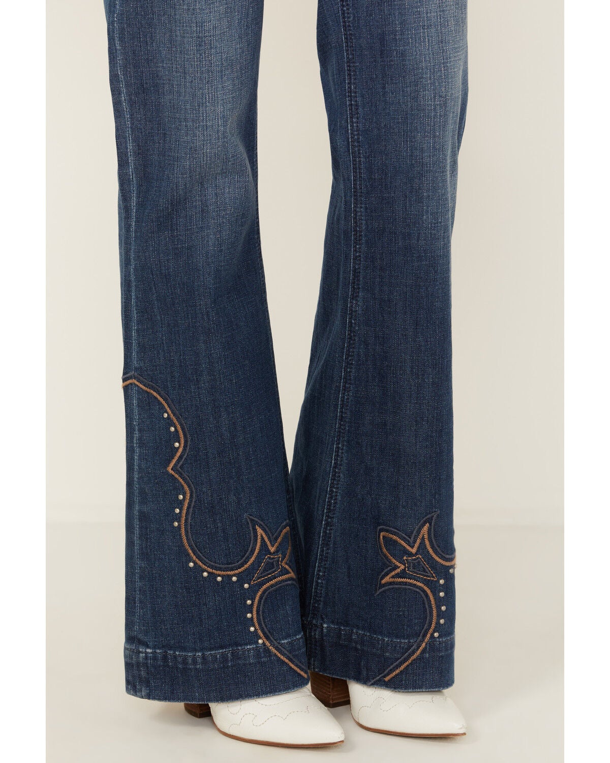 Image #2 - Rock & Roll Denim Women's Dark Wash Mid Rise Hem Stitched Trouser Stretch Denim Jeans, Dark Wash, hi-res
