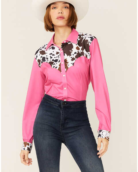 Image #1 - Ranch Dress'n Women's Cow Print Long Sleeve Western Snap Shirt, , hi-res